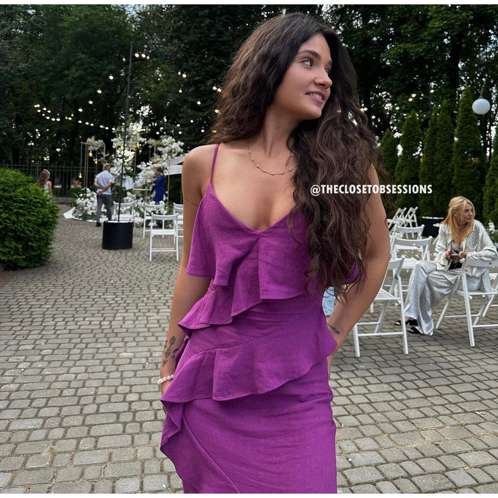 ZARA Purple Linen Blend Ruffle Midi Dress NWT Wedding Guest Resort - Picture 11 of 16
